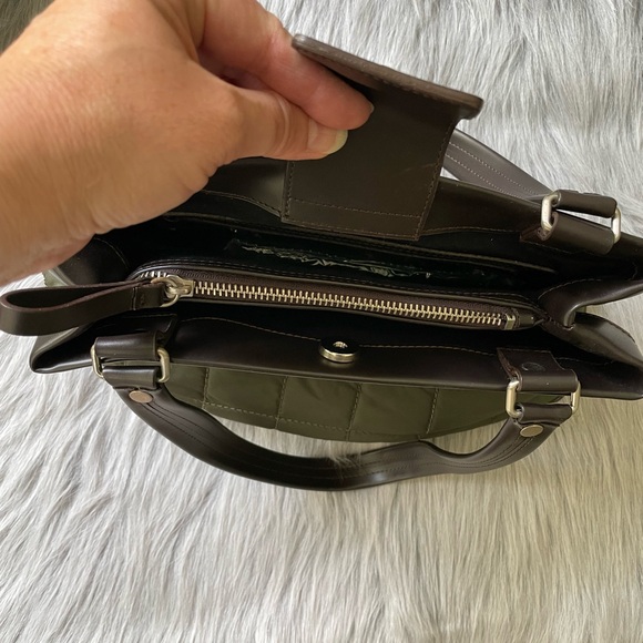 Jones New York Olive Green Quilted Purse with dark leather handles and bottom. - Picture 2 of 5